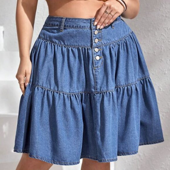 BLUE BUTTON FLY RUFFLE HEM TIERED MINI DENIM SKIRT ASIAN 4XL US 20 - Picture 4 of 5